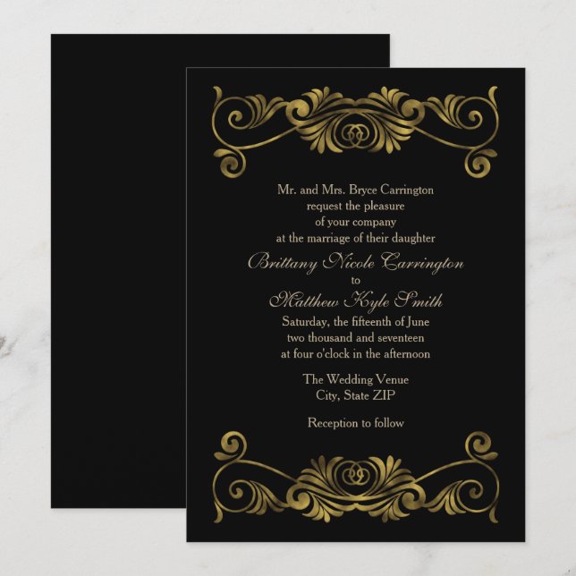 Invitation Mariage élégant Formel Noir et Or (Devant / Derrière)