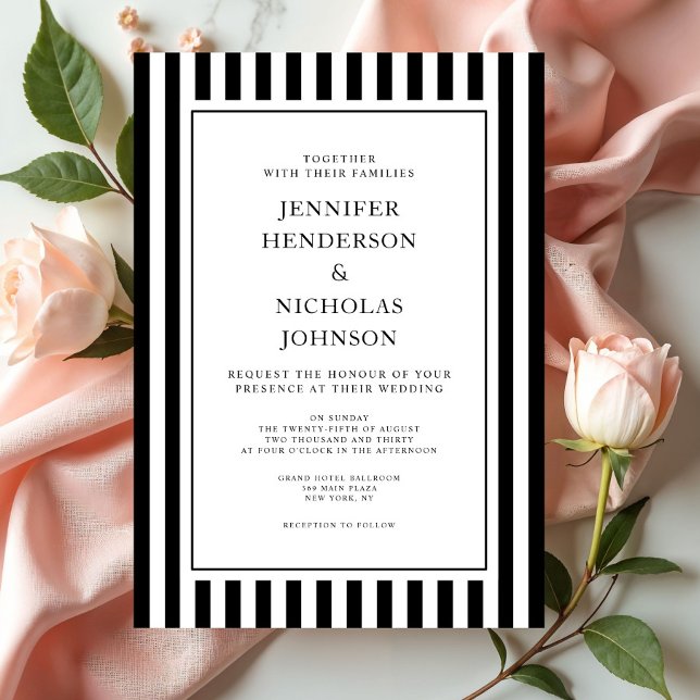 Invitation Mariage élégant formel rayé noir et blanc (Elegant Formal Stripes Black And White Wedding Invitation)