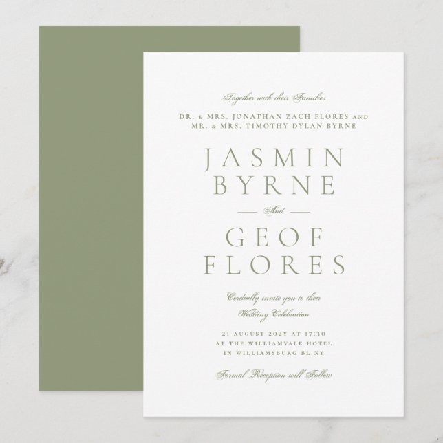 Invitation Mariage Élégant Formel Vert Mousse et Blanc (Devant / Derrière)