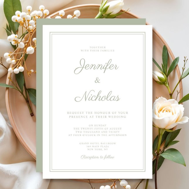 Invitation Mariage Élégant Formel Vert Sauge Écriture (Elegant Formal Sage Green Script Wedding Invitation)