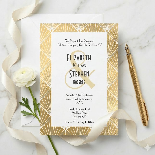Invitation Mariage Élégant Gatsby Art Déco Blanc & Or (Créateur téléchargé)