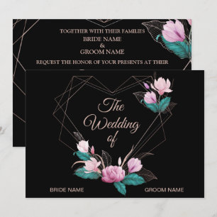 Invitation Mariage élégant géométrique doré floral rose noir