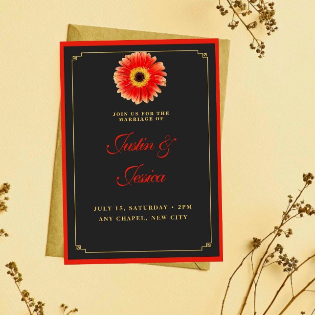 Invitation Mariage élégant Gerbera Daisy Red and Gold Accents (Créateur téléchargé)