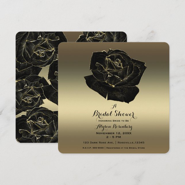 Invitation Mariage élégant Gold & Black Rose (Devant / Derrière)