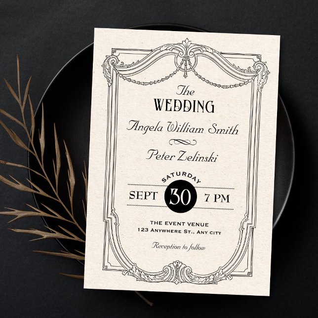 Invitation Mariage élégant gothique vintage noir et blanc (Créateur téléchargé)