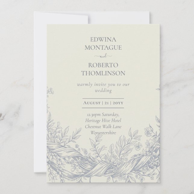 Invitation Mariage élégant gravé botanique bleu héritage (Devant)