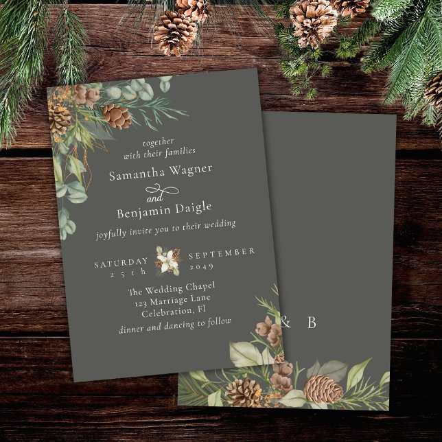 Invitation Mariage Élégant Gris Pierre de Verdure d'Hiver (Créateur téléchargé)