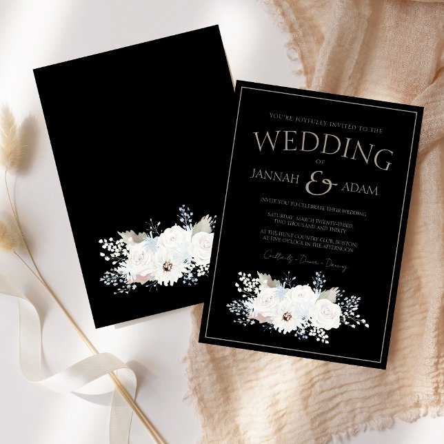 Invitation Mariage Élégant Hiver Blanc Floral Noir (Winter White Floral and Black Christmas Wedding Invitation)