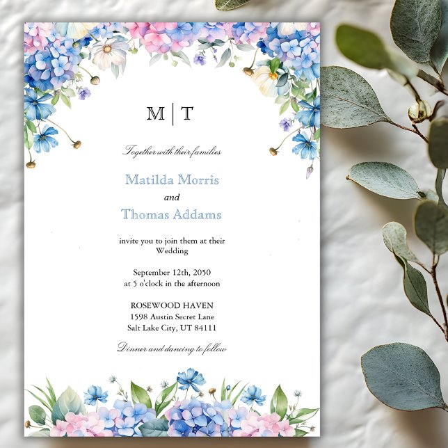 Invitation Mariage Élégant Hydrangea Bleu Bordure Monogramme (Créateur téléchargé)