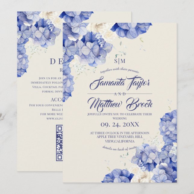 Invitation Mariage élégant Hydrangea Bleu Ivoire (Devant / Derrière)