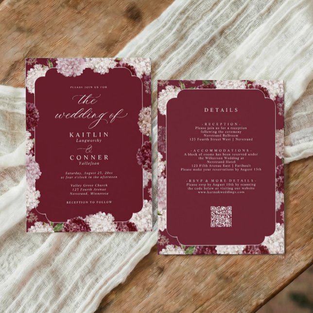 Invitation Mariage Élégant Hydrangea Bourgogne Automne Tout e (Burgundy hydrangea all in one wedding invitation with vintage floral frame and script)