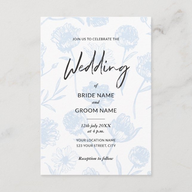 Invitation Mariage Élégant Illustration Florale Bleu Clair (Devant)