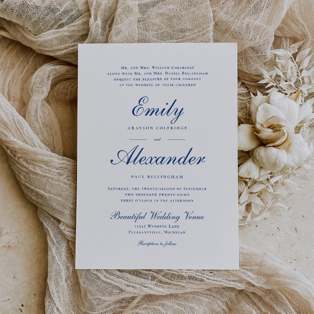Invitation Mariage élégant Indigo Blue Script (Créateur téléchargé)