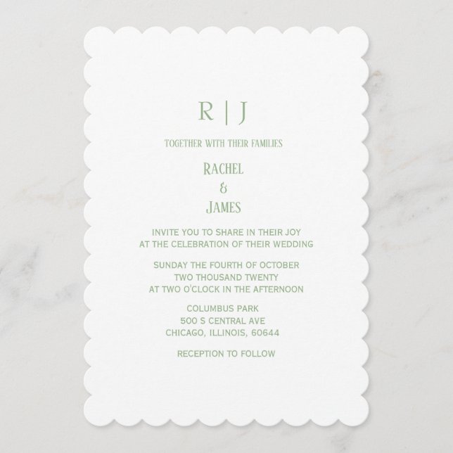 Invitation Mariage Élégant Initiales Monogramme Vert Sauge Bl (Devant)