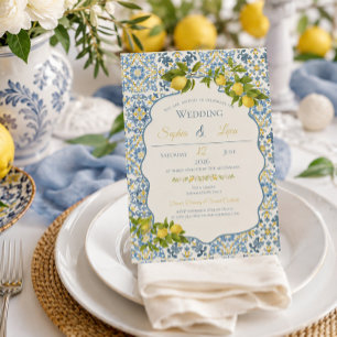 Invitation Mariage Élégant Italien Carrelage Bleu Citron