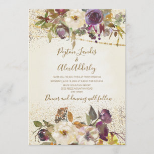 Invitation Mariage élégant ivoire crème violet floral paillet