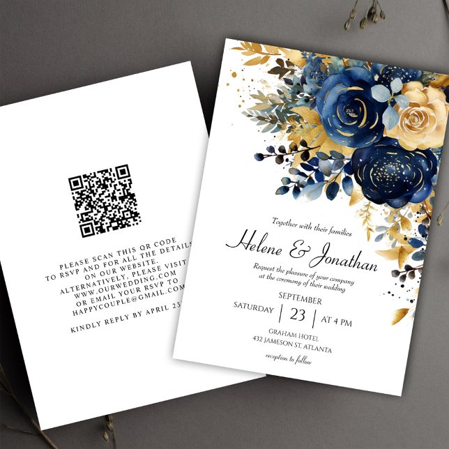 Invitation Mariage Élégant Jardin Bleu Marine Doré Floral (Floral Navy Blue Gold Garden Elegant Wedding Invitation)
