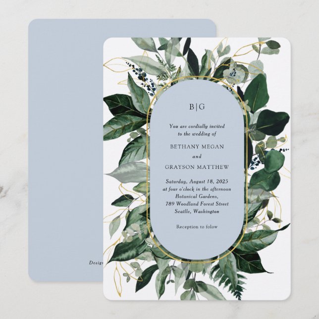 Invitation Mariage Élégant Jardin Botanique Bleu Poussiéreux  (Devant / Derrière)