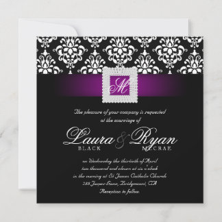 Invitation Mariage élégant Joyau Damas Pourpre Noir Blanc Sq