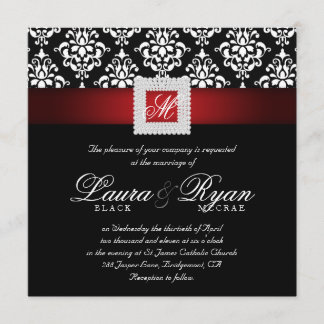 Invitation Mariage élégant Joyaux damassés Pièce rouge noir b