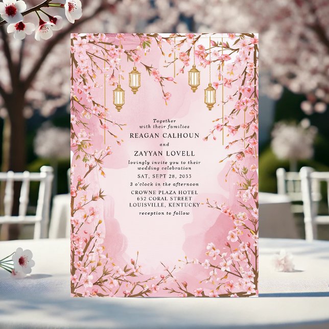 Invitation Mariage Élégant Lanterne Fleur de Cerisier Rose (Créateur téléchargé)