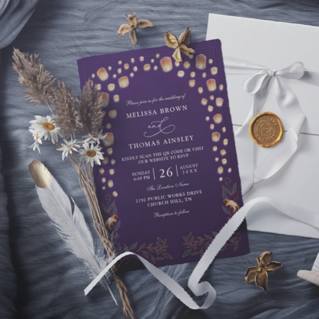Invitation Mariage Élégant Lanternes Emmêlées Budget Code QR (Créateur téléchargé)
