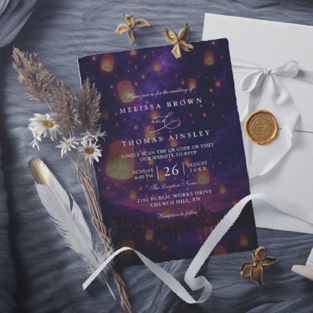 Invitation Mariage Élégant Lanternes Emmêlées Code QR Moderne (Créateur téléchargé)