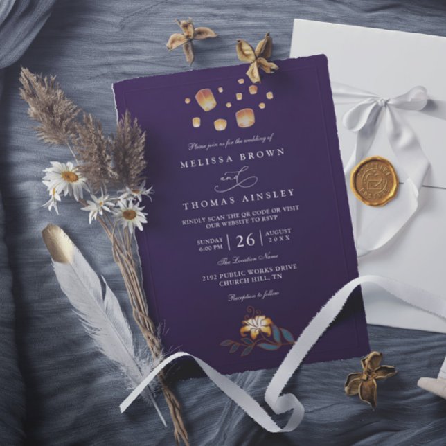 Invitation Mariage Élégant Lanternes Emmêlées Code QR Moderne (Créateur téléchargé)