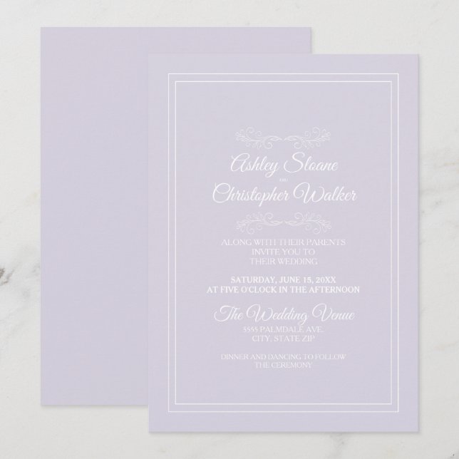 Invitation Mariage élégant lavande violet blanc (Devant / Derrière)