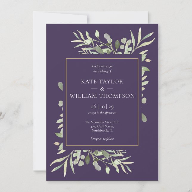 Invitation Mariage élégant lavande violet verdure or (Devant)
