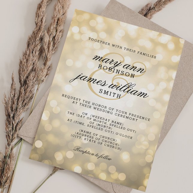 Invitation Mariage Élégant Lumières Bokeh Or (Elegant Gold Bokeh Lights Wedding Invitation)