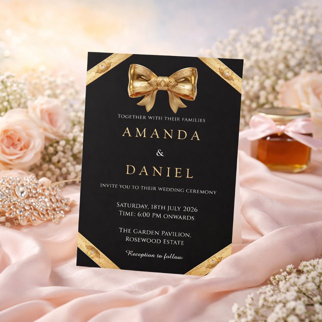 Invitation Mariage Élégant Luxe Noir et Ruban Doré (Créateur téléchargé)