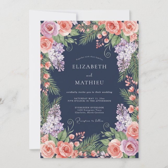 Invitation Mariage Élégant Luxuriant Bleu Nuit (Devant)