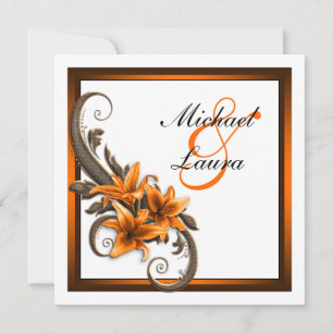 Invitation Mariage Élégant Lys Asiatique Noir et Orange