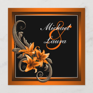Invitation Mariage Élégant Lys Asiatique Noir et Orange
