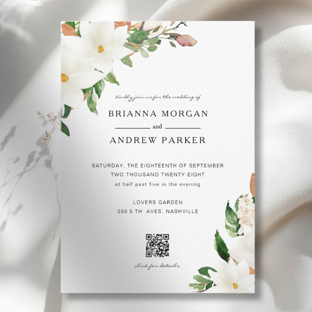 Invitation Mariage élégant Magnolia Code QR Floral (Elegant Floral Magnolia QR Code Wedding Invitation)
