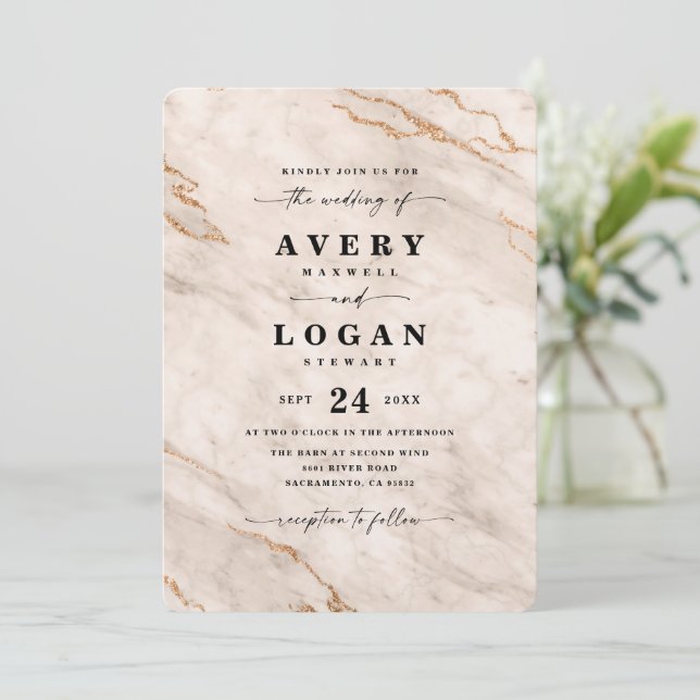 Invitation Mariage Élégant Marbre Métallisé Beige & Or (Debout devant)