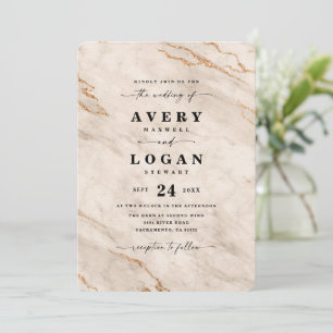 Invitation Mariage Élégant Marbre Métallisé Beige & Or