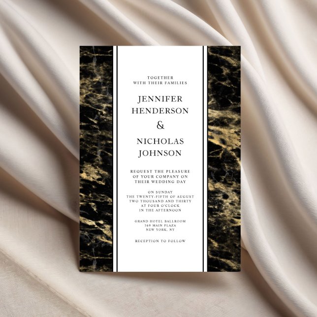 Invitation Mariage Élégant Marbre Noir Or (Elegant Black Gold Marble Wedding Invitation)