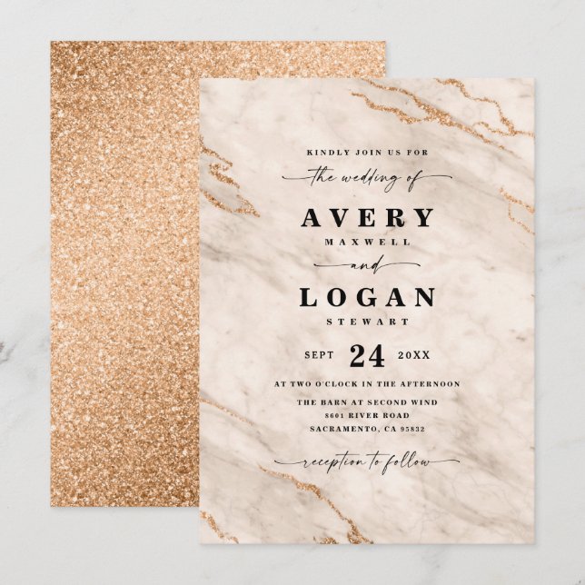 Invitation Mariage Élégant Marbre & Paillettes Beige & Or (Devant / Derrière)
