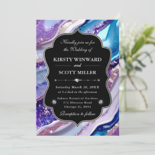 Invitation Mariage Élégant Marbre Paillettes Bleu Violet