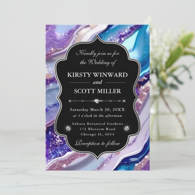 Invitation Mariage Élégant Marbre Paillettes Bleu Violet (Debout devant)