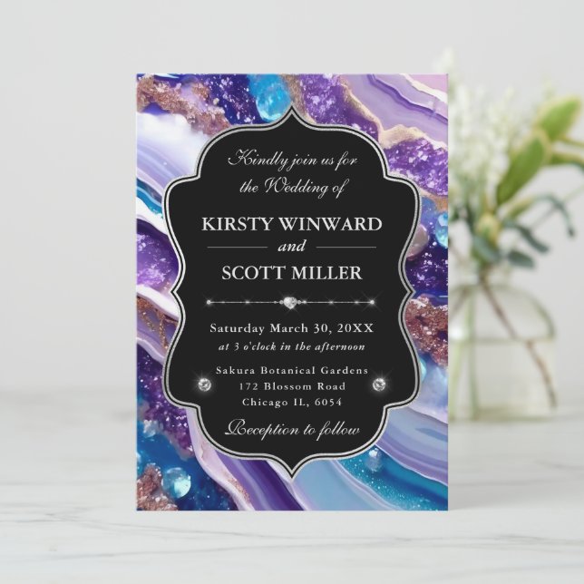 Invitation Mariage Élégant Marbre Paillettes Bleu Violet (Debout devant)