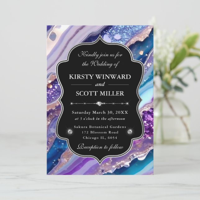 Invitation Mariage Élégant Marbre Paillettes Bleu Violet (Debout devant)