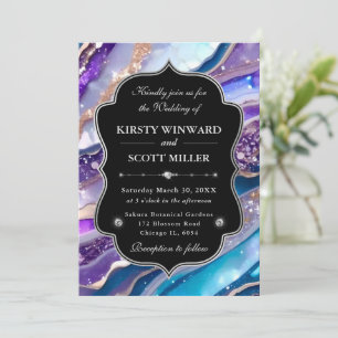 Invitation Mariage élégant marbre paillettes bleu violet