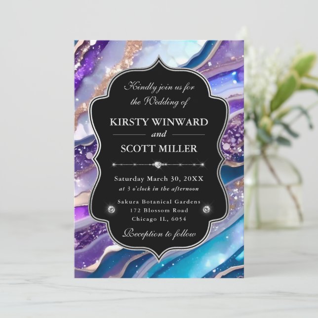 Invitation Mariage élégant marbre paillettes bleu violet (Debout devant)