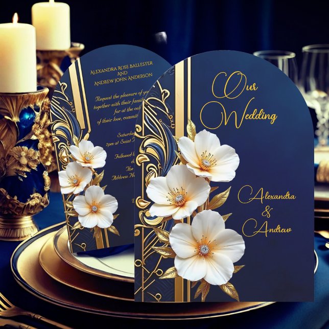 Invitation Mariage élégant Marine Blue Gold Diamond Floral (Créateur téléchargé)