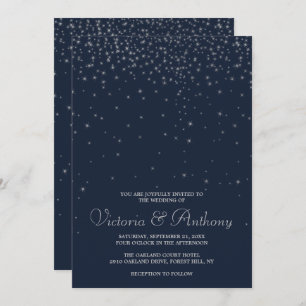 Invitation Mariage Elegant Marine & Silver Falling Stars
