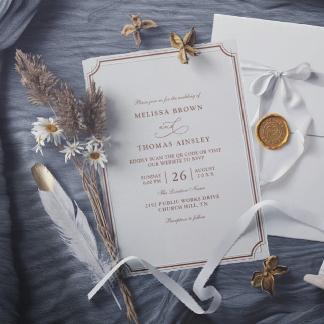 Invitation Mariage élégant marron écrue classique budget QR C (Créateur téléchargé)