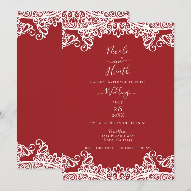 Invitation Mariage Élégant Masqué Rouge & Blanc à Dentelle (Devant / Derrière)